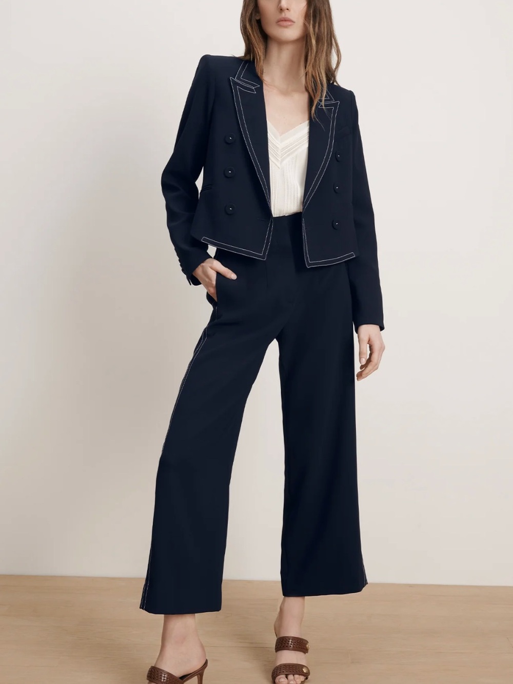 Veronica Beard Navy Nevis Jacket and Ellin Cropped Wide-leg Pants